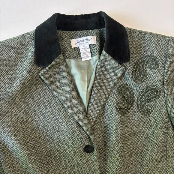 Vintage Judith Hart Blazer Womens 12 Green Paisley Embroidered Tweed 90s Jacket - Picture 13 of 16